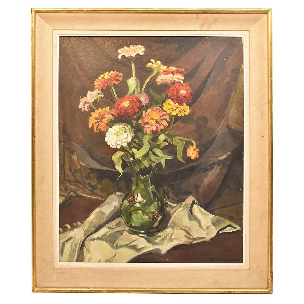 FLOWER PAINTINGS, EARLY TWENTIETH CENTURY, VASE OF ZINNIAS, OIL ON HARDBOARD. (QF248)